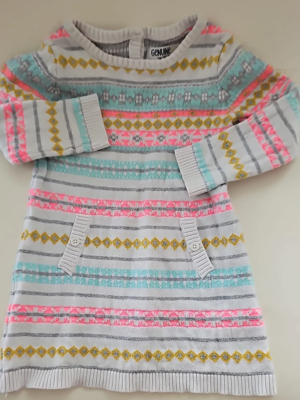 OshKosh White Knit Dress with Pink, Aqua & Gold Fair Isle Stripes 3t *